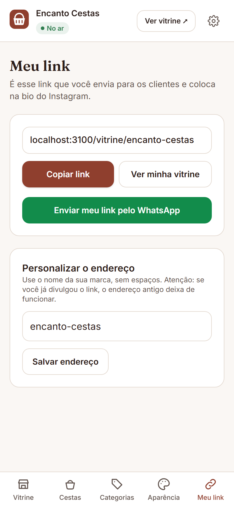 Tela Meu link